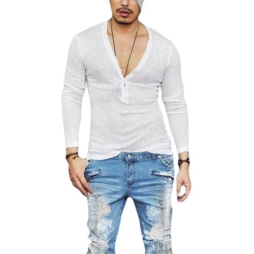 Fashion New Men's Slim Fit Shirts Deep V-Neck Long Sleeve Casual T-Shirt Tee - Picture 8 of 26