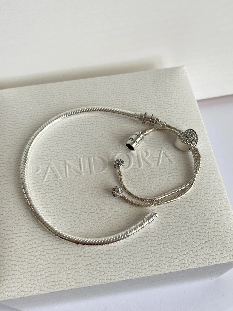 New PANDORA Moments Pave Heart Clasp Snake Chain Slider Bracelet