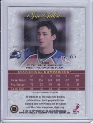 Joe Sakic 1998 Topps Gold Label Class 1 Hockey Card 65 Grade MT | eBay