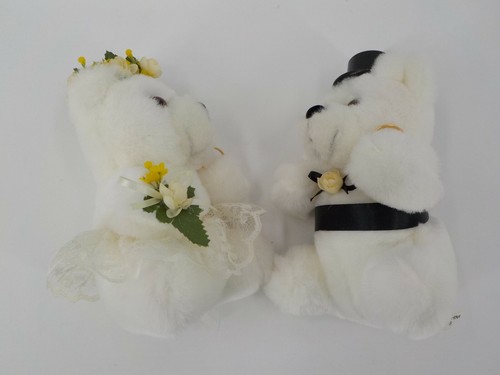 2 PLUSH WHITE TEDDY BEARS WEDDING COUPLE STUFFED ANIMALS GIFT TABLE TOP DECO - Picture 9 of 11