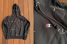 Champion Reverse Weave Hoodie Mens Medium Black Y2K All Over Print Logo