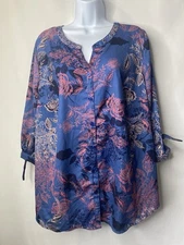 Catherines Blouse Size 0X 14W 16W Top Shirt 3/4 Sleeves Floral Oversized Boho