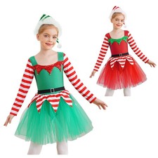 Kid Girls Christmas Elf Cosplay Dance Costume Long Sleeve Bells and Tutu Leotard