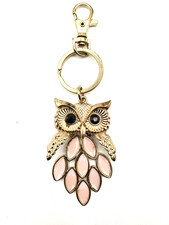 Gold Tone Owl Key Chain w Pink Rhinestone Feathers