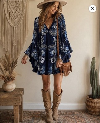 Roz & Ali Women's Blue Boho Flutter Long Sleeve Dress
