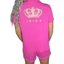 Juicy Couture Pajama Set Womens Medium Pink Gold Crown Queen Button Up Shorts