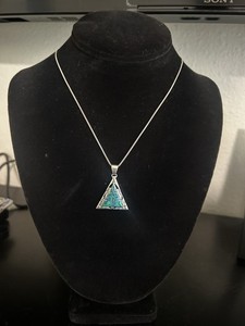 Native American Made Blue and Green Fire Opal Triangle Pyramid Pendant 925 WB