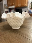 Fenton White Milk Glass Hobnail Bowl Ruffled Rim Crimped 6.5” X 4”