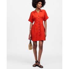 NWT Madewell Linen Pleated Mini Shirtdress in Bright Flame Red Size XXS