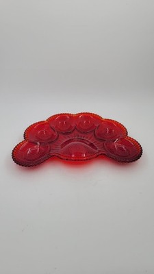 Vtg Rare LE Smith Ruby Red Amberina carnival half moon deviled egg Oyster Tray
