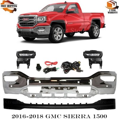Front Bumper Face Bar Chrome Steel & Fog Light Kit For 2016-2018 GMC Sierra 1500