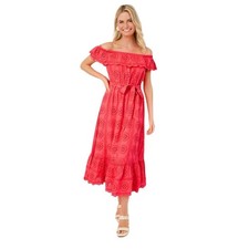 Lilly Pulitzer - Liabella Off-The-Shoulder Eyelet Dress Coral Tiered Sz Xs
