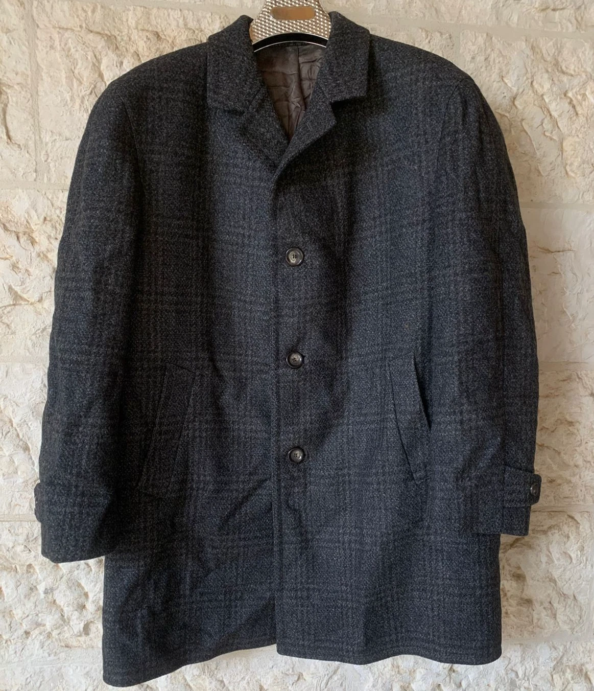 1970s Vintage pure wool handwoven Tweed glen check classic over coat 48R XL