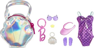 Barbie Kleidung Deluxe-Strandtasche zum Anklippen mit Badeanzug und fünf Themen-