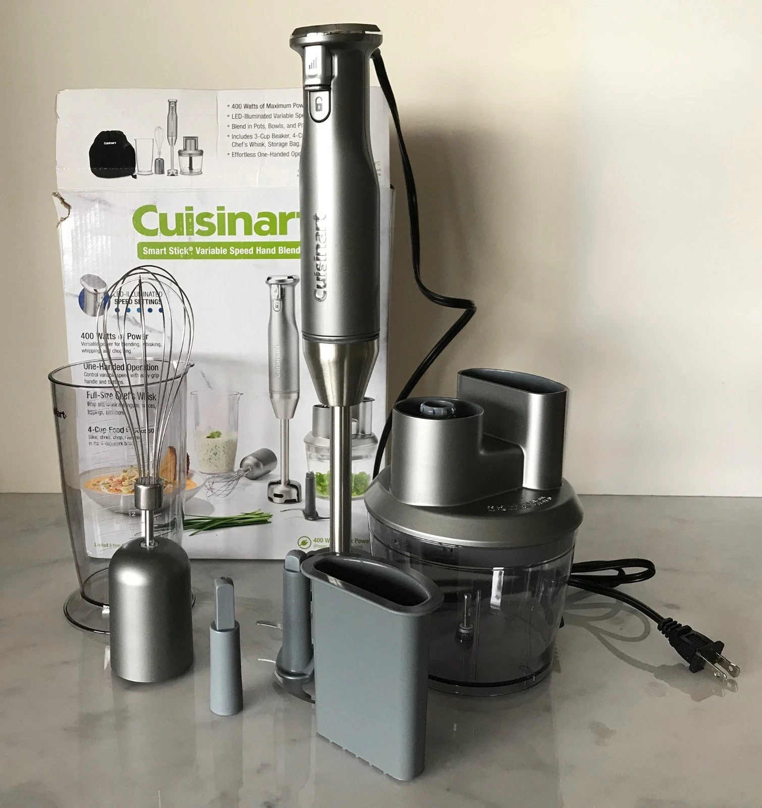 Cuisinart Smart Stick Variable Speed Hand Blender Silver w Food Processor Whisk