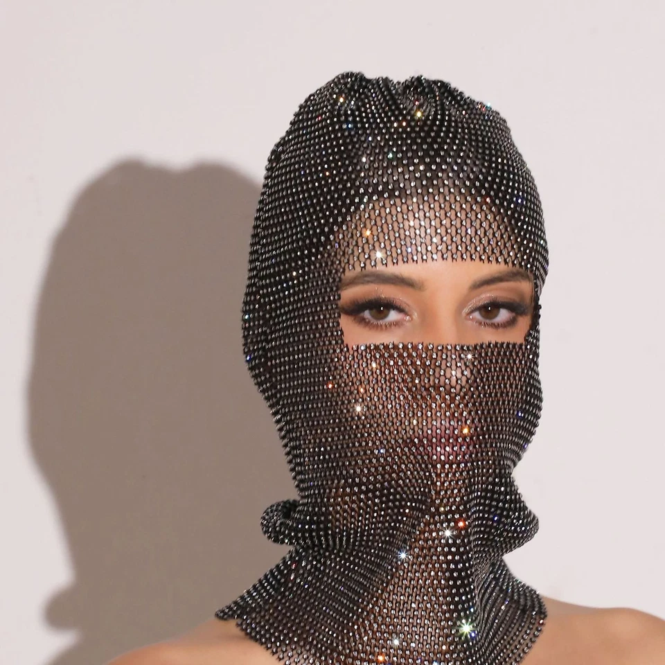 Women Crystal Bedazzled Full Face Balaclava Mesh Mask Veil See Through Headwear - Image 2 of 4