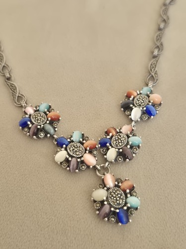 Schöne Markasiten Blume und Edelstein Vintage Stil Halskette 18,5 Zoll 38,6 g