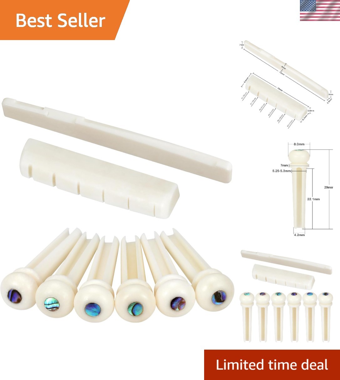 Genuine Cattle Bone Bridge Pins, Nut & Saddle for Right-Handed Acoustic Guitars