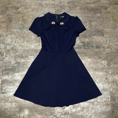 ModCloth Fit & Flare Retro Schoolgirl Navy Dress, Embroidered Bee Collar, Sz S