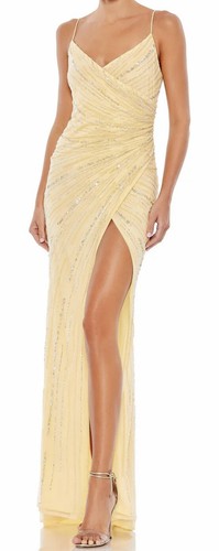 MAC DUGGAL Beaded Faux Wrap Buttercream Yellow Sheath Gown Long Dress Womens 10 - Picture 1 of 11