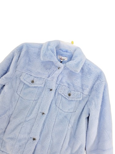 Faux Fur Jacket Women M Blue Pastel Love Chemiztry Coat Snap-Button Satin-Lined - Picture 10 of 13