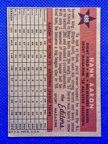 1958 Topps Hank Aaron All Star #488 EX-MINT. RC110 - 第 2/2 張圖片
