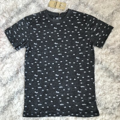 E.M.R. RAIN CLOUDS T-SHIRT heather charcoal gray white allover pattern MEDIUM