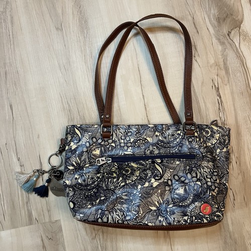 SAKROOTS Coated Canvas Purse Shoulder Blue Navy Desert Spirit Paisley Floral - Picture 1 of 16