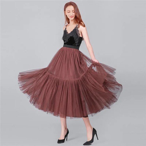 Women's Vintage Retro Mesh Midi Tutu High Waist Skirt Premium Layered Tulle - Picture 14 of 46