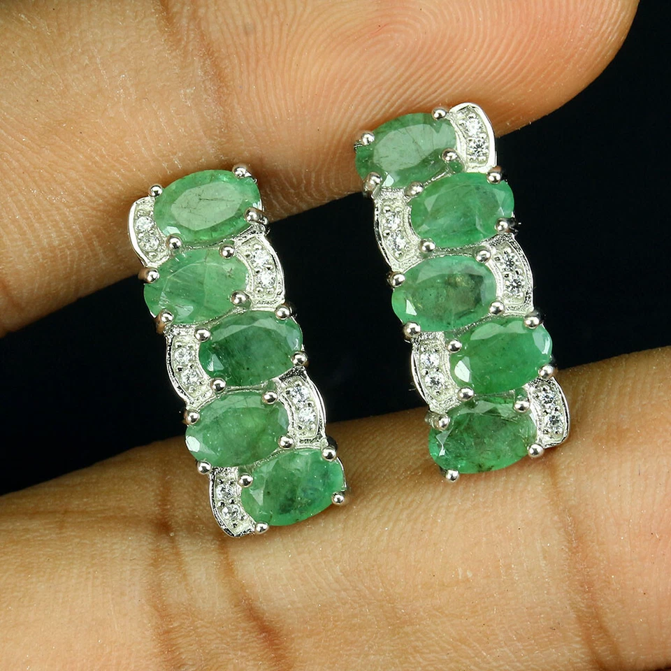 925 Sterling Silver Earrings Oval Emerald 6x4mm Simulated Cz Gemstone Jewelry - Image 2 of 4