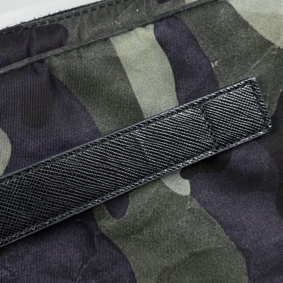 Prada Logo Plate Clutch Bag Second Camouflage Nylon Green Black Ladies
