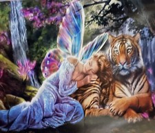 FAIRY LEANING ON TIGER  PARTIAL  DIAMOND CROSS  STITCH 3D DIAMOND
