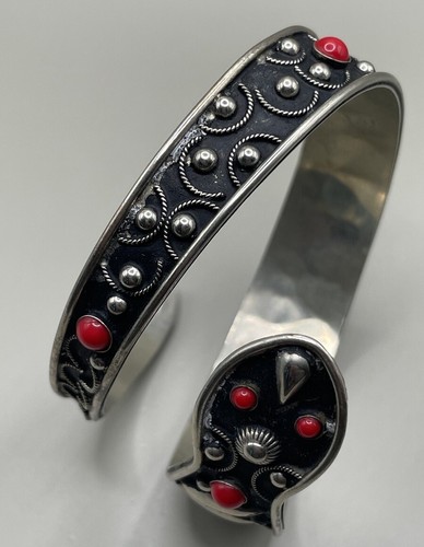 Italy Women’s Cuff Bracelet Silver Plated Red Coral? Wide Chunky Snake 8” - Picture 13 of 14