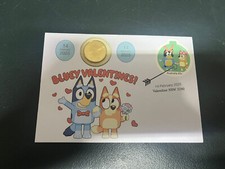 (486) 11-2-25 Bluey Valentines with Bingo $ 1.00 coin & Bluey 65c stamp (B)