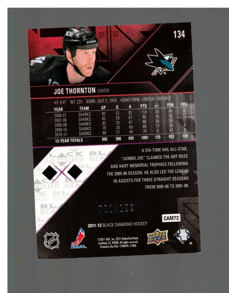 2011-12 UD BLACK DIAMOND JOE THORNTON #134 DOUBLE DIAMOND RUBY 021/100 SHARKS - Image 2 of 2