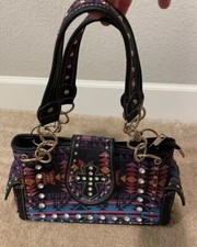 Western Style Purse Multicolor w/ClearJewels And Gold Buttons Many Pockets
