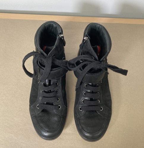 Prada Sport High Tops black Trainers Leather Suede Zip Strap Dust bag size 8.5 - Picture 3 of 24