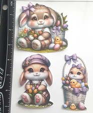 Lot of 3 Easter Chicks Friends Hats Bows Eggs SINGLE LAYER Embellishments 424