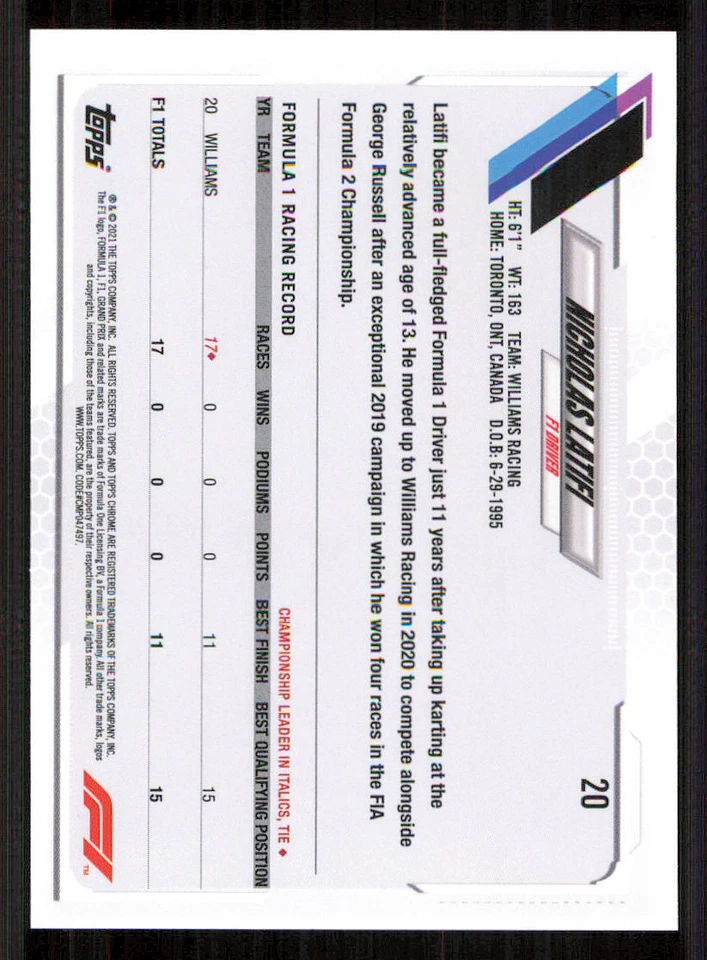 2021 Topps Chrome Formula 1 Black and White RayWave #20 Nicholas Latifi - Image 2 of 2
