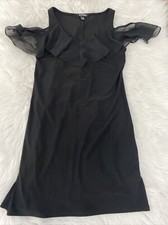 Roz Ali Small little black dress soft stretch sleeveless flutter neckline