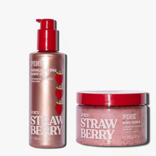 Pink VS Juicy Strawberry Highlighting Body Oil 8oz.  Body Scrub 10oz. Set