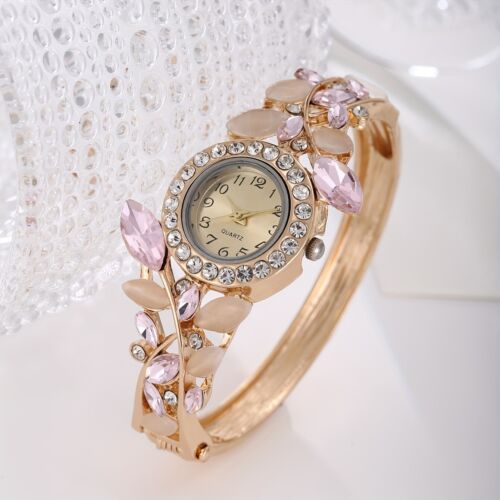 Luxury Women Pink Rhinestone Encrusted Clover Watch Bracelet Quartz Timepiece - Picture 11 of 13
