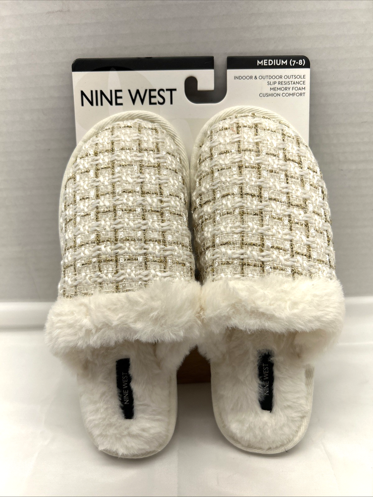 PANTOFOLA D’ORO Nine West Ciabatte Donna Scuff Filo Crema Oro Ecopelliccia Memory Foam Tg M NUOVE