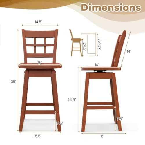 Set of 2 Mid-century Counter Height Bar Stools Dining Room Wooden Swivel Chairs - Picture 3 of 14