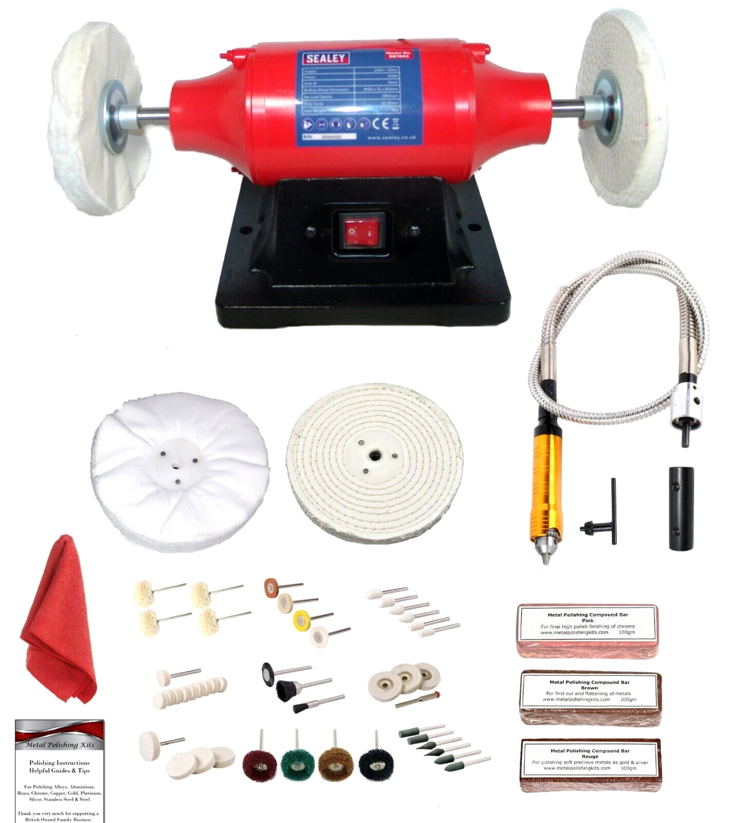 370W Jewellery Polisher Polishing Machine Sealey + Flexible Drive Shaft 6"" Mops