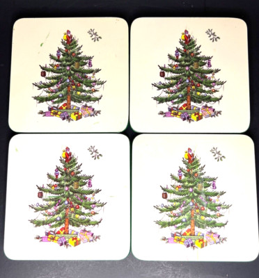 Spode Christmas Tree Cork Coasters Set of 4 with Christmas Tree Resin Holder