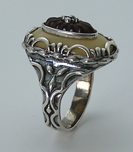 Vintage Art Nouveau Style Carl Pollack Relios Sterling Ring Ribbed Ctr Red Stone - Picture 4 of 12