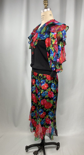 Vintage Dress SIZE SMALL 6 knit black bright chiffon ruffle ANTHONY SICARI 90s - Picture 14 of 20