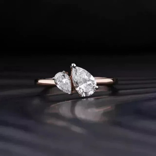 3.00Ct Pear Cut Real Moissanite 2 Stone Engagement Ring 14K Rose Gold Plated