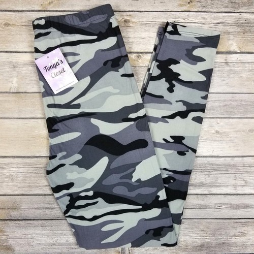 EXTRA PLUS Gray Black Camo Leggings Camouflage Army Print Buttery Soft 16-24 - Picture 2 of 5